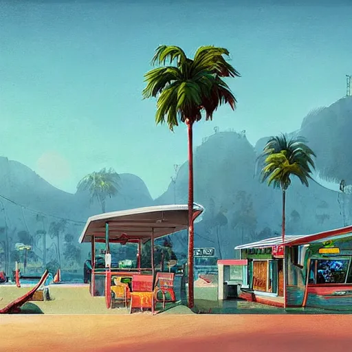 Image similar to inside seaside diner with palm trees by simon stalenhag