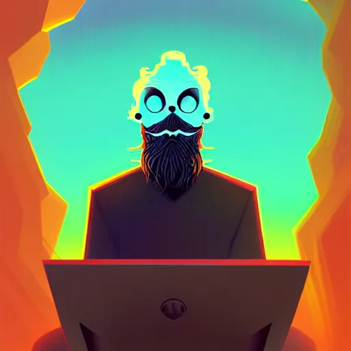 Image similar to curled perspective digital art of curly grey hair bearded man using a computer by anton fadeev from nightmare before christmas