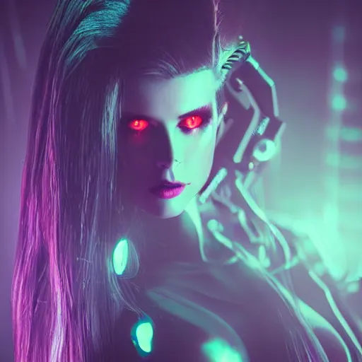 Image similar to a beautiful and seductive robot android woman with long flowing hair and bright makeup sings on stage in a dimly lit futuristic nightclub. twilight zone, dark city inspired realistic gritty award winning photographic portrait single point lighting