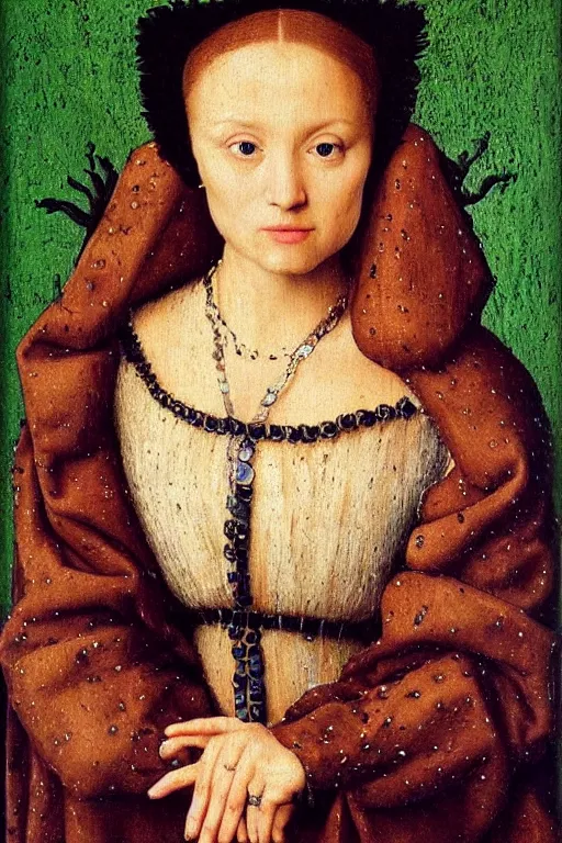 Image similar to portrait of ariana grande oil painting by jan van eyck, northern renaissance art, oil on canvas, wet - on - wet technique, realistic, expressive emotions, intricate textures, illusionistic detail