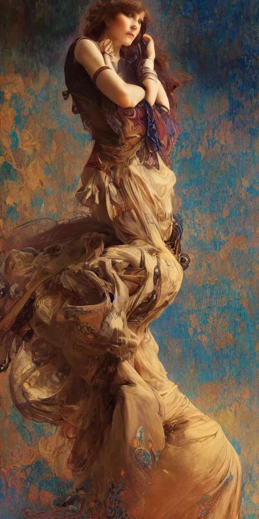 Image similar to an intricate painting of an artistic pose beautiful young lady muse with an artistic pose, hyper - detailed, octane render, vivid colors, artstation, by jeremy mann, by alphonse mucha, by boris vallejo, by gustav klimt