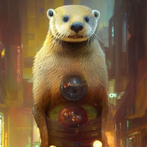 Image similar to hyperrealistic portrait of an athropomorphic otter wearing an astronaut outfit, bladerunner street, art of elysium by jeremy mann and alphonse mucha, fantasy art, photo realistic, dynamic lighting, artstation, poster, volumetric lighting, very detailed face, 4 k, award winning, cinematic lighting, deviantart, artstation, cg society