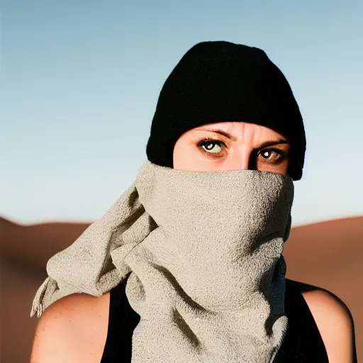 Prompt: female balaclava photography portrait, desert wind