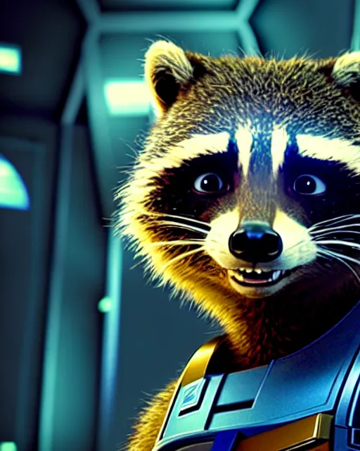 Prompt: film still of rocket the raccoon standing in the hallway of a space ship from guardians of the galaxy, closeup portrait, confident action pose, craig mullins, octane