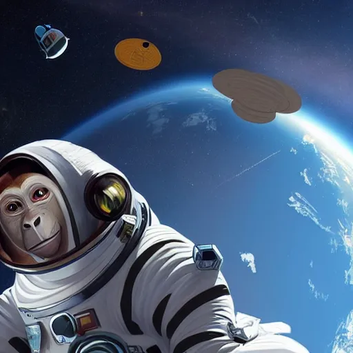 Image similar to a monkey astronaut repairing a satellite in space, hyperrealistic, cinematic, artstation