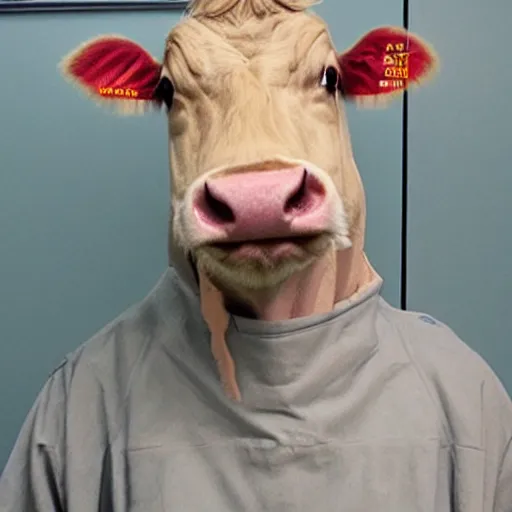 Image similar to mugshot of a cow dressed as an inmate