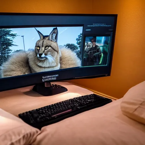Image similar to view from behind from bed of a cute fluffy caracal wearing headset watching dual - monitors displaying call of duty and twitch, intricate detail, cinematic composition