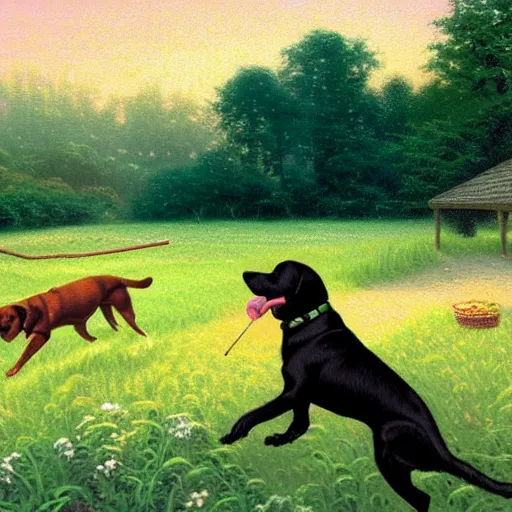 Prompt: black lab chasing a stick through a field of hotdogs, golden hour, very detailed, 4 k, by thomas kinkade