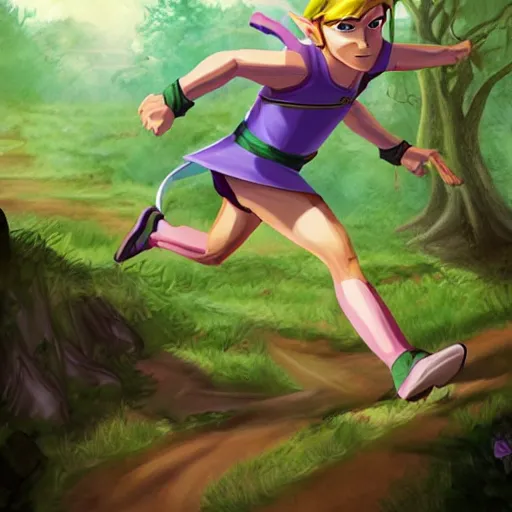 Image similar to link is running to save princess zelda, in forest background, lois van baarle