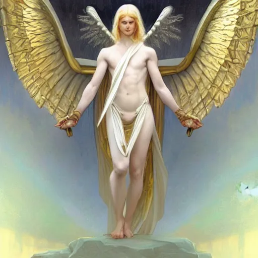 Image similar to the pale blond male angel of battle lucius wearing a white periwinkle, sci fi, glowing eyes, volumetric lights, gold theme, art nouveau botanicals, intricate, highly detailed, digital painting, artstation, concept art, smooth, sharp focus, cinematic, illustration, beautiful face, art by artgerm and greg rutkowski and alphonse mucha