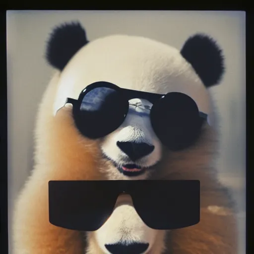 Image similar to grainy head to shoulder portrait polaroid film photograph of a panda in a mall wearing aviator shades. super resolution. surreal. extremely detailed. polaroid 6 0 0 film. by annie leibovitz and richard avedon