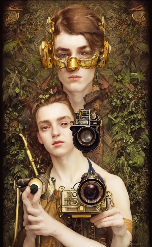 Image similar to hyper realistic male photographer looking through a vintage steampunk medium format camera, design on white background, beautiful details, lush foliage cyberpunk, gold, drawn by john singer sargent, tom bagshaw, norman rockwell, alphonso mucha, lolish, trending on artstation