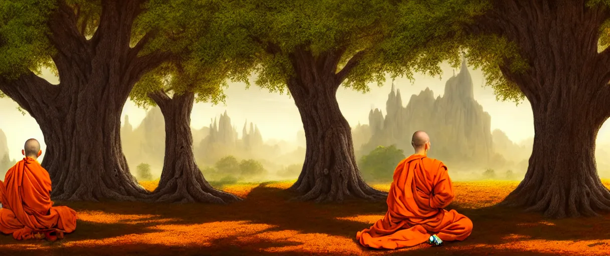 Image similar to hyperrealistic hyper detailed 35mm portrait of handsome cyborg monks praying to a giant oak tree matte painting concept art key sage jeff koons very dramatic orange lighting low angle hd 8k sharp shallow depth of field