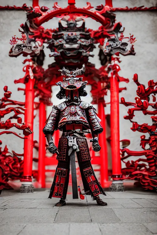 Image similar to photography of a mechanical dragon samurai in red japanese armor taken with Leica M11