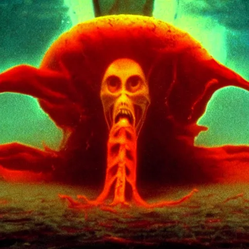 Image similar to the filmic anti - christ rising from a red ocean. alien squid appear. ominous. vivid color detailed photograph from a 1 9 9 0 s horror movie.