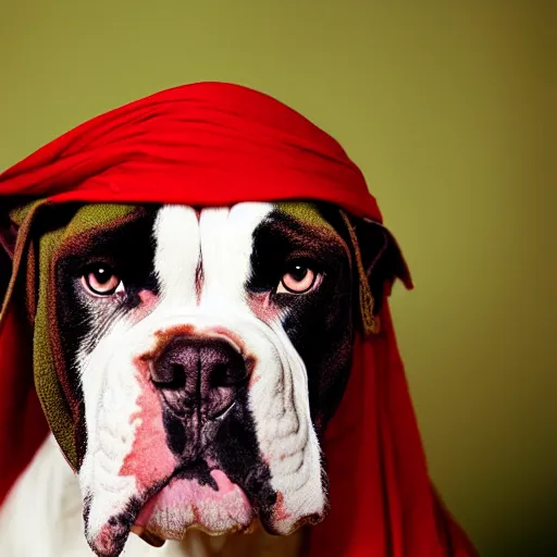 Image similar to portrait of american bulldog as afghan girl, green eyes and red scarf looking intently, photograph by steve mccurry, national geographic