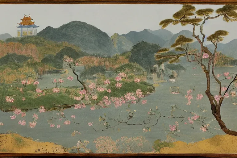 Prompt: an ultradetailed landscape painting of scenic westlake in china hangzhou, light yellow may flowers blossoms nearby, pagodas faraway, autumn wind, chinese water color, smooth, by hilma af klint