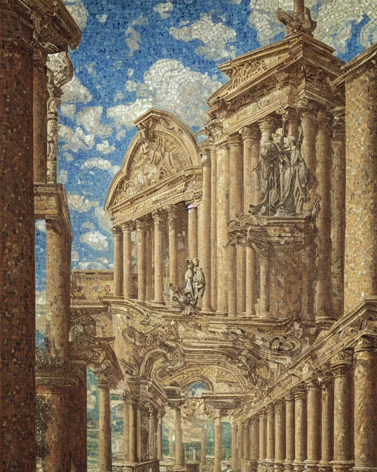 Image similar to achingly beautiful painting of intricate ancient roman corinthian capital on radiant mosaic background by rene magritte, monet, and turner. giovanni battista piranesi.