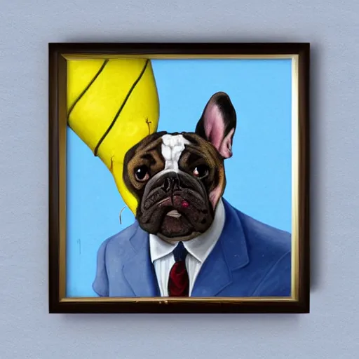 Prompt: american realist portrait of bat - eared fish - bulldog hybrid creature wearing a suit, ultramarine blue, burnt sienna and azo yellow