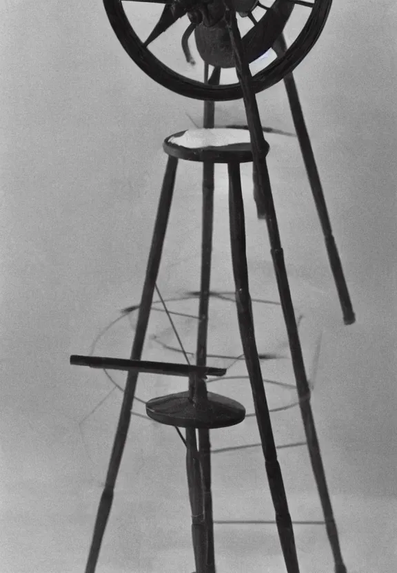 Prompt: a spinning wheel sitting on top of a stool, a surrealist sculpture by marcel duchamp, archival pigment print, 1 9 1 4, conceptual art, artwork, academic art, surrealist