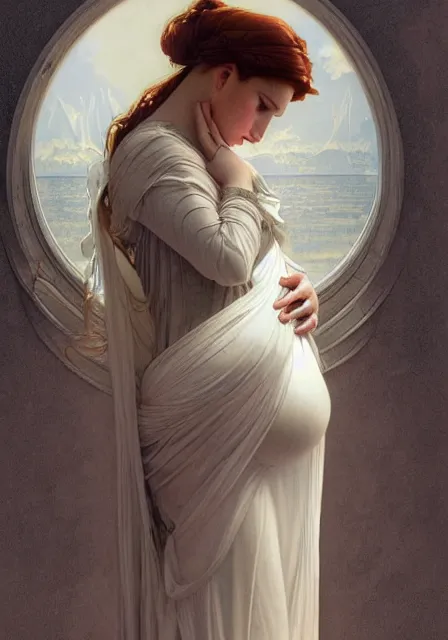 Image similar to pregnant sansa, intricate, elegant, highly detailed, digital painting, artstation, concept art, smooth, sharp focus, illustration, art by artgerm and greg rutkowski and alphonse mucha and william - adolphe bouguereau