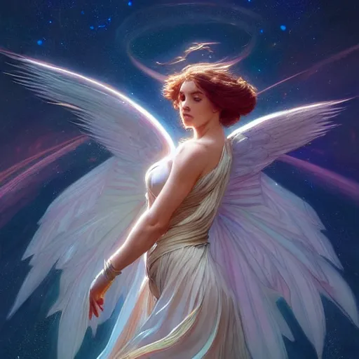 Image similar to a female angel floating in cosmos, intricate, highly detailed, digital painting, artstation, concept art, smooth, sharp focus, illustration, unreal engine 5, 8 k, art by artgerm and greg rutkowski and alphonse mucha