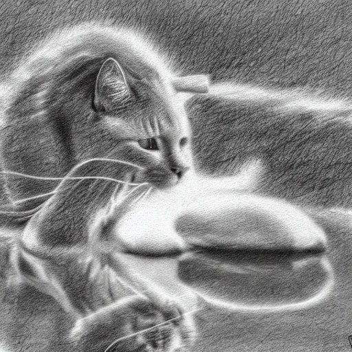 Image similar to Cat with angel wings drinking from a pond, digital artstyle drawn, trending on fiverr, 40nm lens, shallow depth of field,