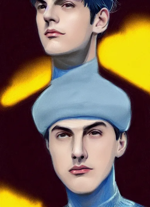 Image similar to portrait of teenage jughead jones wearing a light grey crown, crown, blue turtleneck, 1 9 5 0 s, closed eyes, photorealistic, black hair, glowing lighting, intricate, elegant, glowing lights, highly detailed, digital painting, artstation, concept art, smooth, sharp focus, illustration, art by wlop, mars ravelo and greg rutkowski