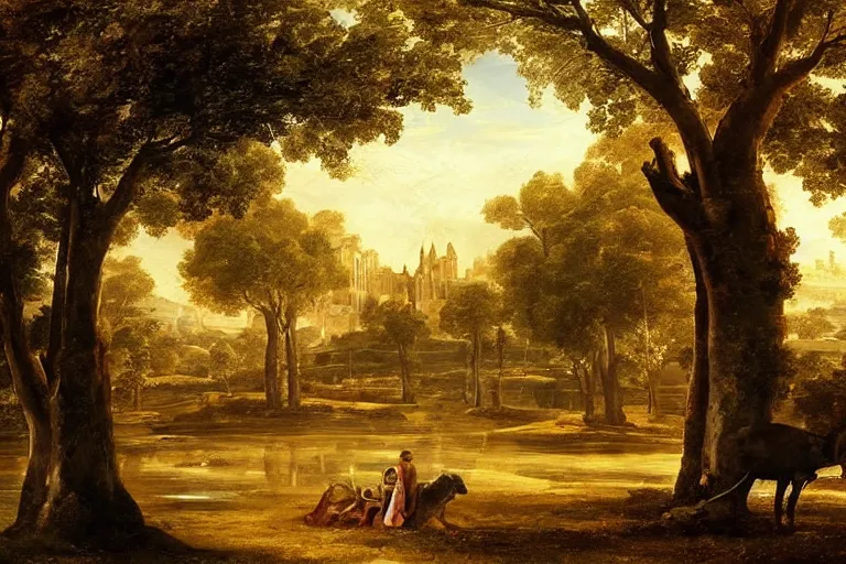 Image similar to beautiful city landscape with oak trees, mythology, fantasy, landscape background, vivid colors, digital painting, very detailed, realistic, high quality, by claude lorrain