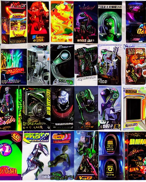 Image similar to Various graphics card box art late 90s early 2000s graphics card boxes box art 90s 2000s y2k futuristic cheesy metallic alien cgi motion blur voodoo graphics cyborg pc gaming liquid silver millennium nvidia ati elsa hercules prophet