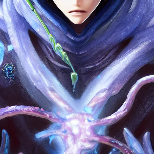 Image similar to rimuru tempest, tensei shitara slime datta ken, highly detailed, professional digital painting, concept art, extreme illustration, sharp focus, smooth, unreal engine 5, photorealism, hd quality, 8 k, black hoodie, cinematic, art by artgerm, yoshitaka amano, wataru kajika, junji ito