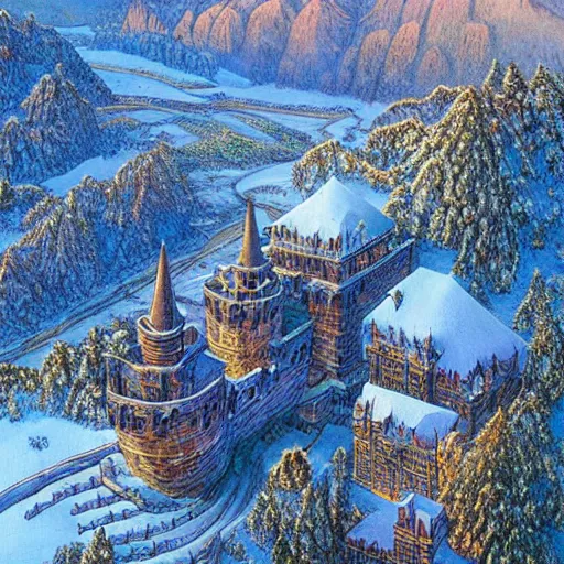 Prompt: An aerial view of a narrow valley in winter, with a tall castle guarding one end, fantasy style, art by Moebius, art by James Gurney, hyper detailed, high quality