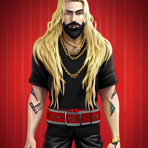 Prompt: a highly detailed full-length man with blond hair, a dark beard, in black and red clothes, with a gold chain and a gold belt, artstation, DeviantArt, professional, octane render