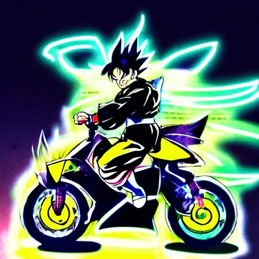 Image similar to Goku riding a electric neon bike, Yoji Shinkawa