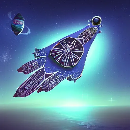 Prompt: a spaceship designed like hamsa is flying in space among the stars, digital art, futuristic