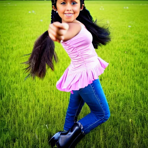 Image similar to a seven years old latin girl plays on a great green meadow, she wears a bolero, jeans and black boots, she has two ponytails, photo taken by a nikon, highly detailed, sharp focus