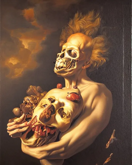 Image similar to refined gorgeous blended oil painting with black background by christian rex van minnen rachel ruysch dali todd schorr of a chiaroscuro portrait of an extremely bizarre disturbing mutated man with shiny skin acne dutch golden age vanitas intense chiaroscuro cast shadows obscuring features dramatic lighting perfect composition masterpiece