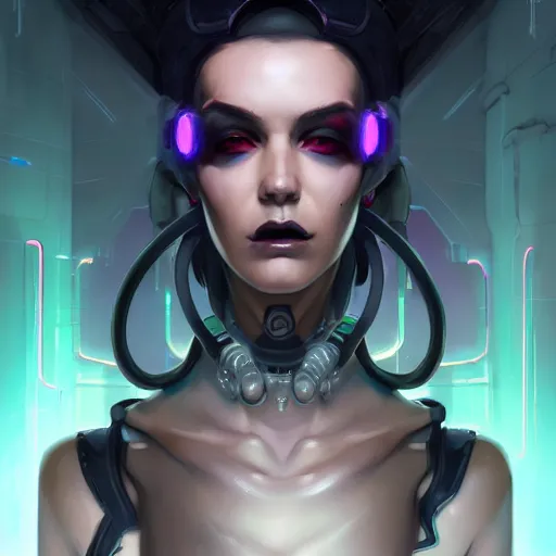 Image similar to a portrait of a cybernetic goth girl, cyberpunk concept art by pete mohrbacher and wlop and artgerm josan gonzalez and syd mead, digital art, highly detailed, intricate, sci-fi, sharp focus, Trending on Artstation HQ, deviantart, unreal engine 5, 4K UHD image