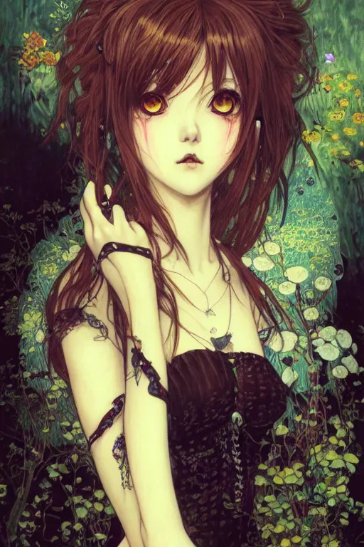 Image similar to portrait of beautiful young gothic anime maiden, cute-fine-face, pretty face, realistic shaded Perfect face, fine details. Anime, cyberpunk, Warhammer, highly detailed, artstation, illustration, art by Ilya Kuvshinov and Gustav Klimt and Gustav Klimt and Gustav Klimt and Gustav Klimt