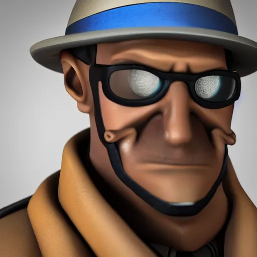 Image similar to close up of face of realistic tf 2 blue spy, 8 5 mm f / 1. 4