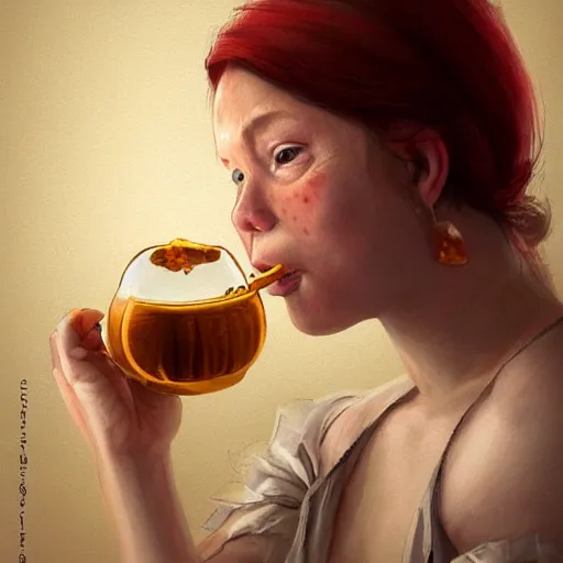 Image similar to epic portrait a drunk women drinking honey from a big wooden cup, Red nose, freckles, beauty, pretty face, glossy skin, red bang hair, white blouse with short sleeves, digital painting, artstation, concept art, soft light, hdri, smooth, sharp focus, illustration, fantasy, intricate, elegant, highly detailed, D&D, matte painting, in the style of Greg Rutkowski and Alphonse Mucha and artemisia, 8k, highly detailed, jurgens, rutkowski, bouguereau, pastoral, rustic, georgic