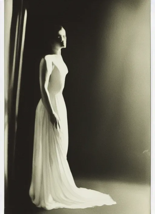 Prompt: a woman in a long flowing white dress dancing by a window in the afternoon, flash polaroid photo by george hurrell, hazy light rays, golden hour
