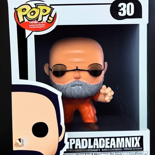 Prompt: funko pop bald man with a large orange beard in funko pop box