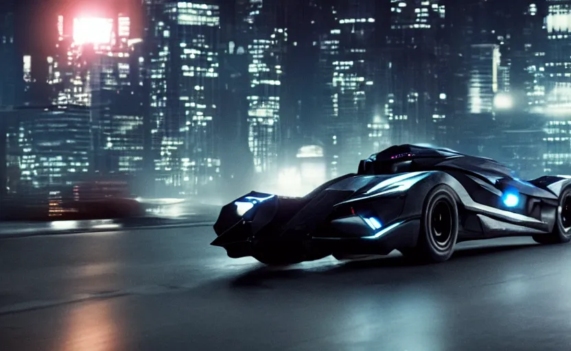 Prompt: A film still of the 2025 Batmobile prototype driving through Gotham at night, 8k