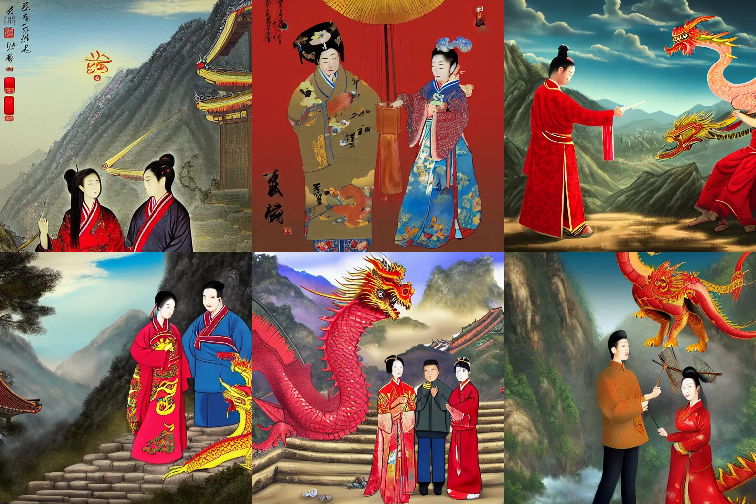 Prompt: a man and a woman in traditional Chinese clothing standing in front of a mountainside village, the woman holding a fan and the man holding a paintset, with a large red and gold dragon in the sky, digital art, Pixiv