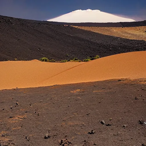 Prompt: a photo of a lavic desert where trees grow high and the etna in the background erupts bug stream of lava