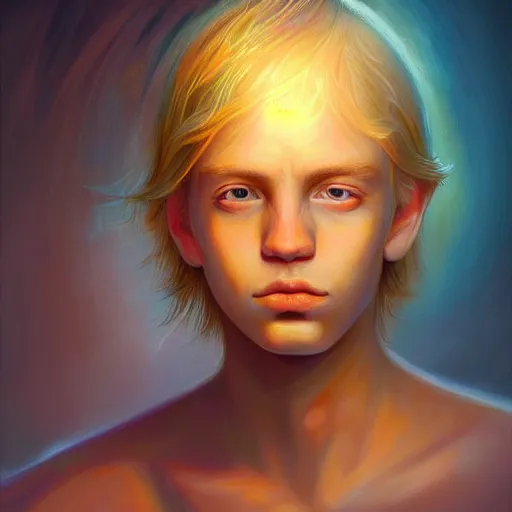 Image similar to visionary art by mandy jurgens, powerful eyes glowing highly detailed painting of deep sadness alone, young blonde boy spiritual portrait, fractal electricity surrounding him, expressive emotional sadness piece, trending on art station, abstract emotional sadness expression, very very very beautiful, fantasy digital art, visionary art, magical fantasy 2 d concept art