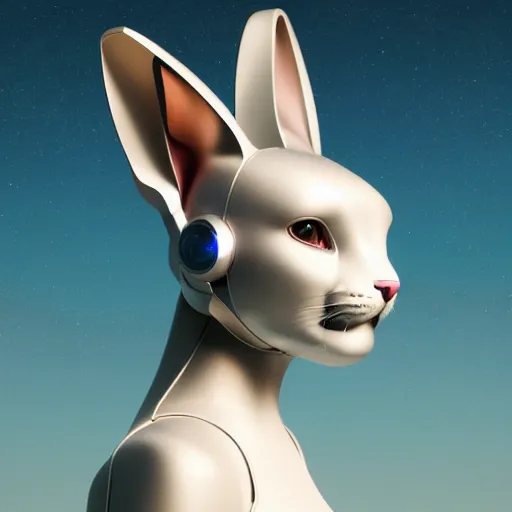 Image similar to product photo of a futuristic stylized pet robot, kitten puppy bunny mix, kindchenschema, large ears, large tail, by artgerm and greg rutkowski and marc newson, alphonse mucha, zaha hadid, side view, volumetric light, detailed, octane render, midsommar - t