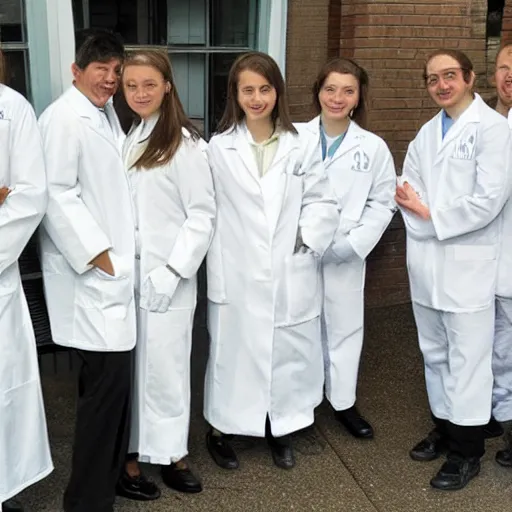 Prompt: chemists in white coats are eating a giant roll.