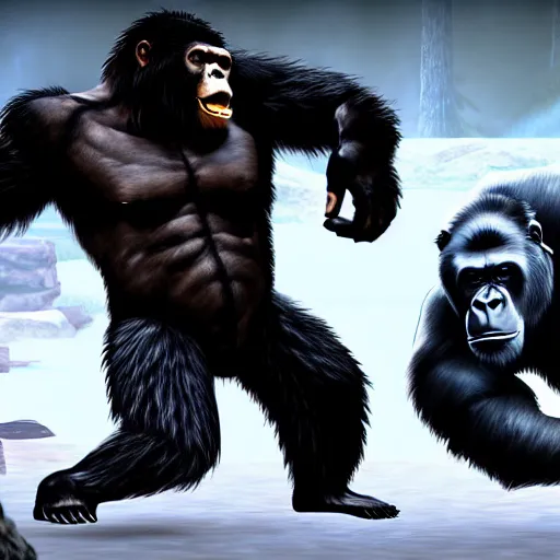 Image similar to a bear and a gorilla fighting in mortal kombat, highly detailed, 4 k